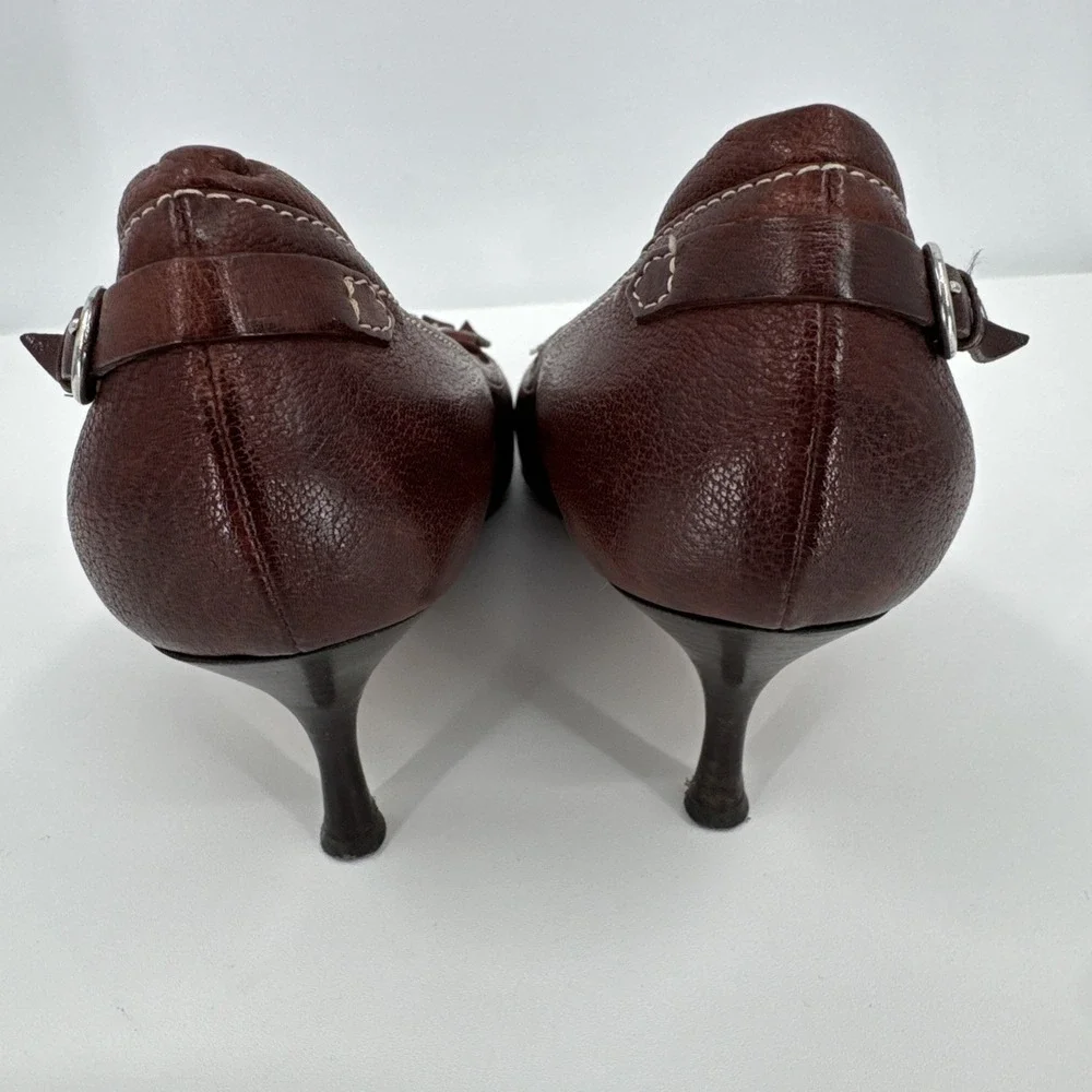 Ballin VTG Brown‎ Leather Kitten Heel 37.5 Italy Studded Fringe Metal Classic